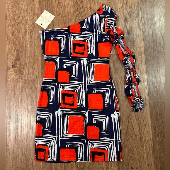 NWT Derek Heart One-Shoulder Geometric Dress in Orange and Navy Size S - Picture 2 of 6